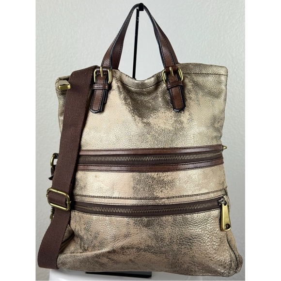 Fossil Explorer Distressed Metallic Gold Fold Over Covetable Tote - Picture 1 of 13